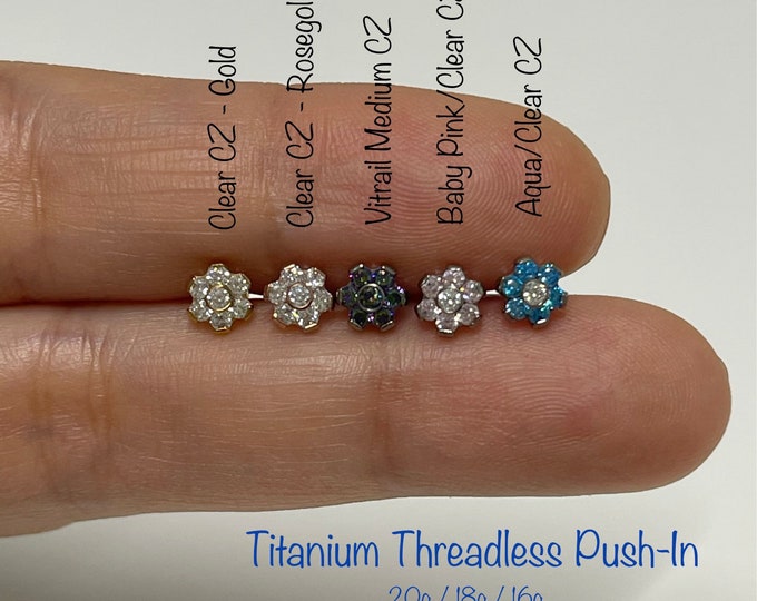 20g 18g 16g CZ Flower Top push-in Labret, Grade23 Implant Grade Titanium