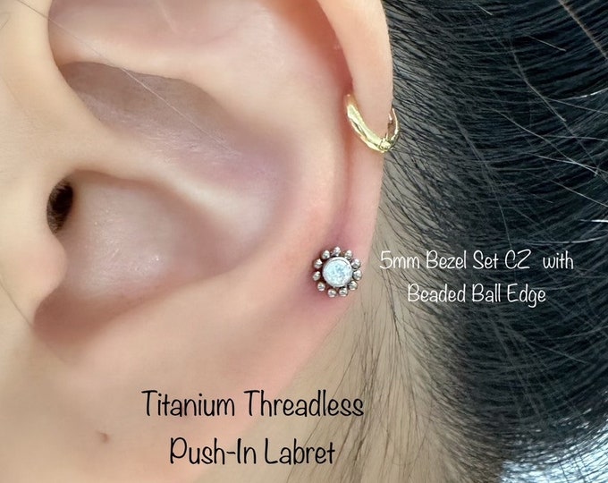 20g 18g 16g CZ Bezel Set with Beaded Ball Edge Push In Implant Grade Titanium Labret, ASTM F136 Grade23 Titanium