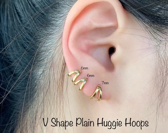 V Shape PLAIN Huggie Hoops (Single or Pair), Double Hoops 14k plated over 925 Sterling Silver Hoops, FINAL SALE