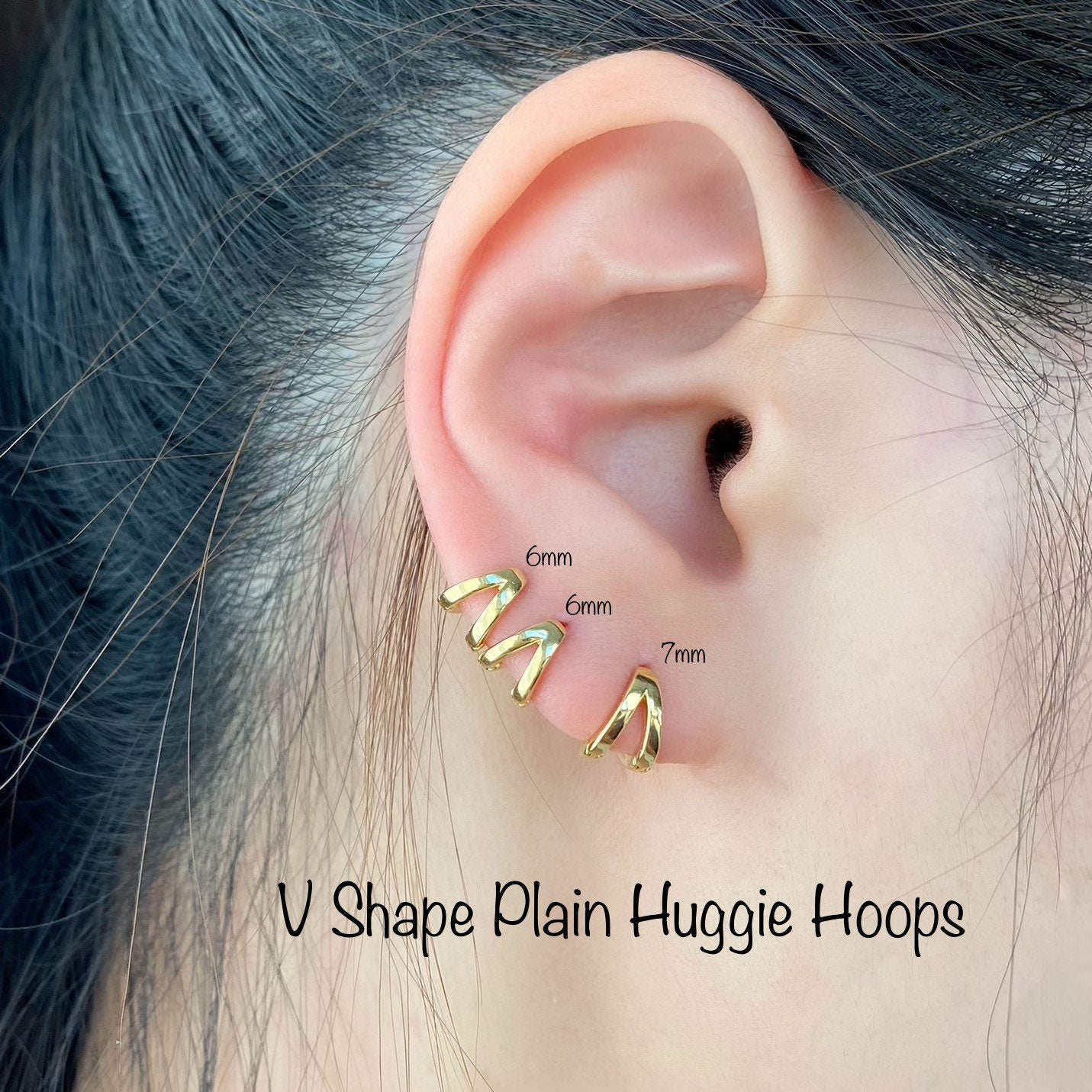 V Shape PLAIN Huggie Hoops single or Pair 6mm 7mm Double Hoops
