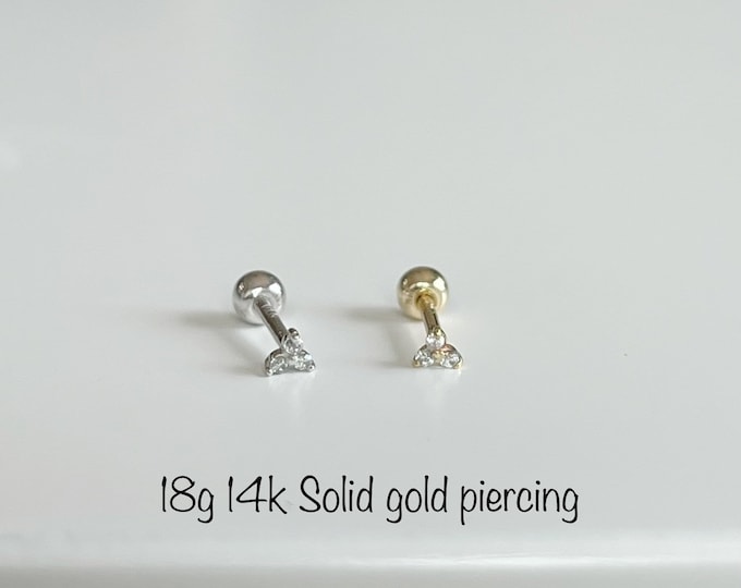 18g 14k Solid Gold Teeny Tiny Three Stones Piercing (Single), Trinity Minimalist solid gold piercing, Mid Cartilage, Helix