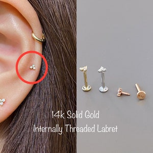 14k Solid Gold Trinity CZ Labret Piercing, 14k Solid Gold Internally Threaded labret Cartilage, Tragus, Helix, Conch