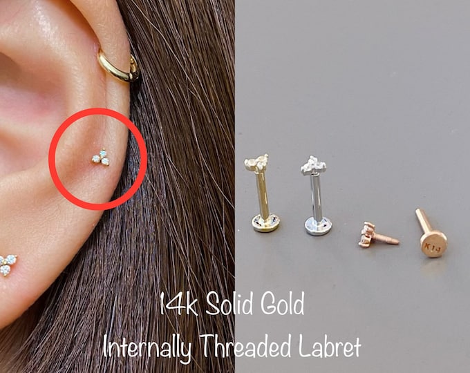 14k Solid Gold Trinity CZ Labret Piercing, 14k Solid Gold Internally Threaded labret Cartilage, Tragus, Helix, Conch