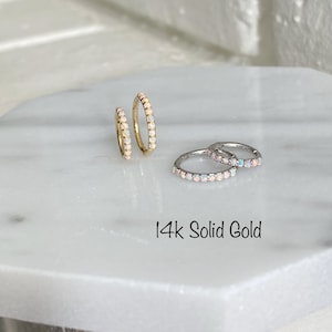 16g 14k Solid Gold Genuine White Opal Endless Clicker Segment Hoop (Single) 8mm 10mm Huggie Hinged Cartilage Daith Helix Tragus Conch Rook