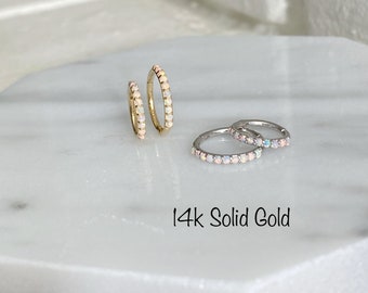 16g 14k Solid Gold Genuine White Opal Endless Clicker Segment Hoop (Single) 8mm 10mm Huggie Hinged Cartilage Daith Helix Tragus Conch Rook