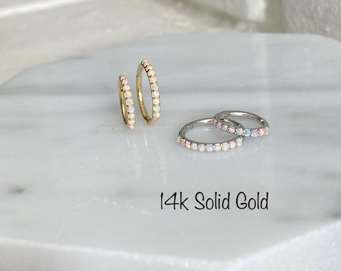 16g 14k Solid Gold Genuine White Opal Endless Clicker Segment Hoop (Single) 8mm 10mm Huggie Hinged Cartilage Daith Helix Tragus Conch Rook