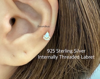 18g Dainty Opal Teardrop with CZ Diamonds Internally Threaded Labret, 925 Sterling Silver Teardrop Boho Opal Cartilage, Tragus, Helix