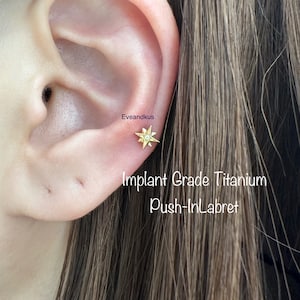 20g 18g 16g Starburst Push In Threadless Titanium Labret, Implant Grade Titanium for Tragus, Conch, Cartilage, Helix piercing