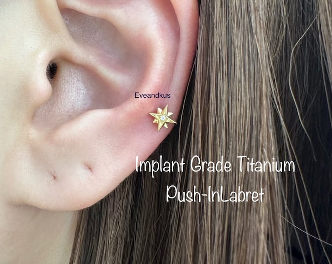 20g 18g 16g Starburst Push In Threadless Titanium Labret, Implant Grade Titanium for Tragus, Conch, Cartilage, Helix piercing