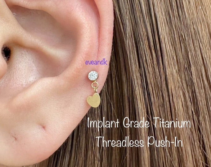 20g 18g 16g Tiny Heart Dangle Push In Titanium Labret, ASTM- F136 Implant Grade Titanium Nickel Free Hypoallergenic