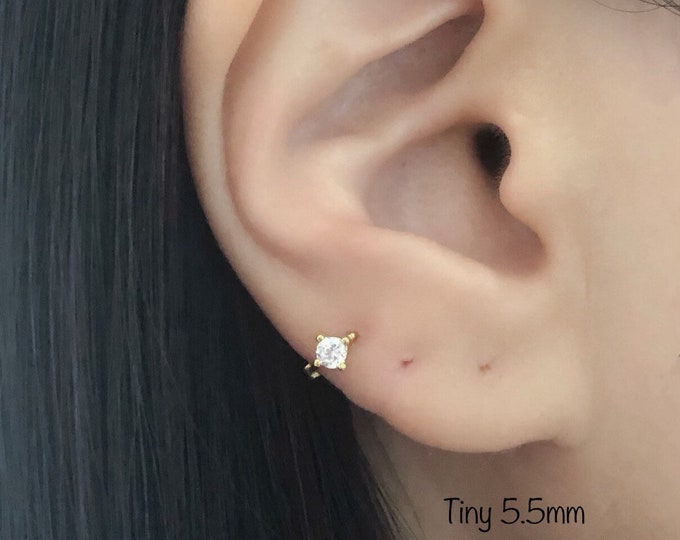 CZ Tiny Solitaire Hoop Cartilage (Single), Sterling Silver Mini Huggie hoop, 5.5mm Clear CZ Tiny Cartilage, Helix, Tragus, Rook, Da