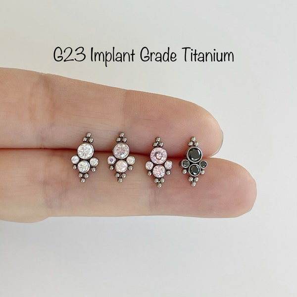 20g 18g 16g Beads with CZ Bezel Set Cluster push-in Labret, Titanium 6AL-4V-ELI-ASTM-F136