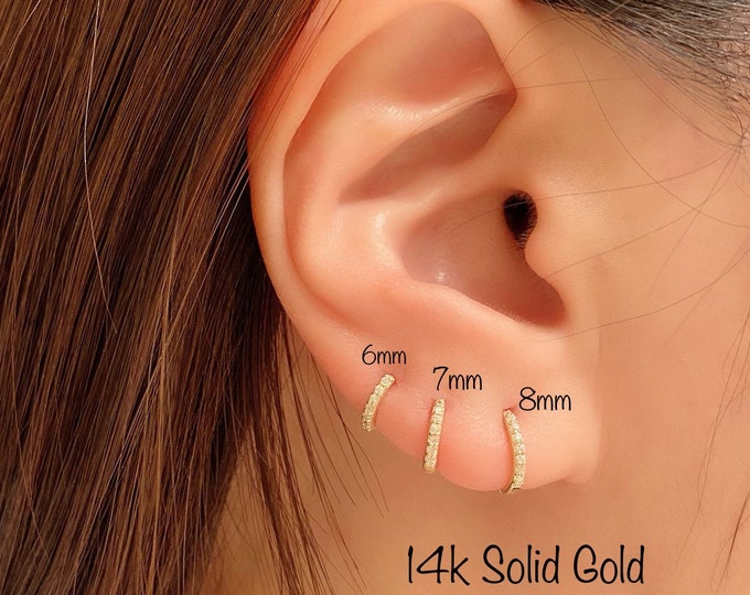 14k Solid Gold Dainty CZ Huggie hoops (SINGLE or PAIR), 7mm/8mm inner diameter 14k solid Gold Huggie Hoops, Minimalist hoops