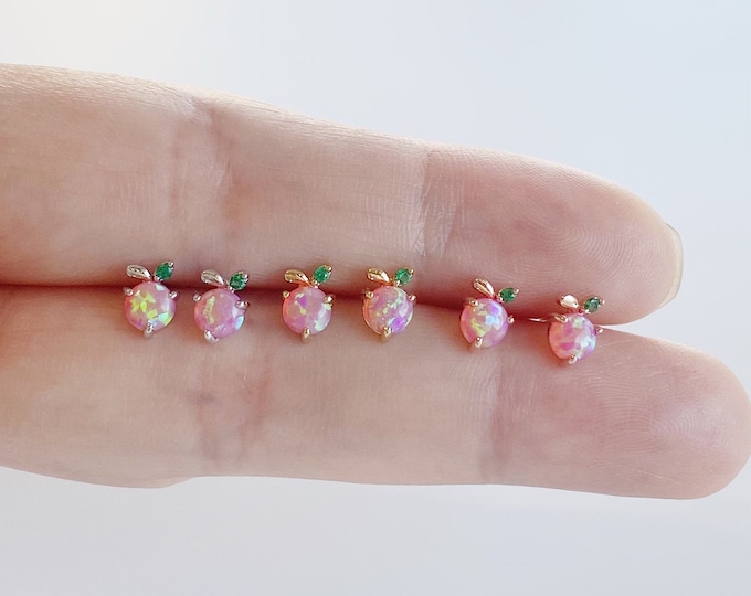 Tiny Opal Peach Stud Earrings (PAIR), Super cute opal peach earrings, Tiny peach earrings