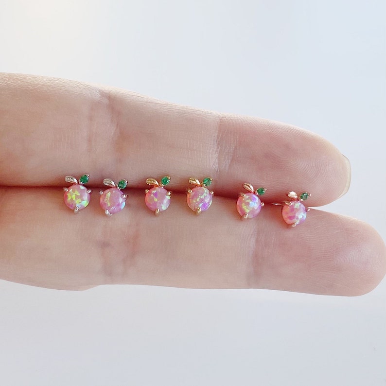 Tiny Opal Peach Stud Earrings (PAIR), Super cute opal peach earrings, Tiny peach earrings 