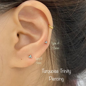 Turquoise Trinity CZ Piercing (Single), Turquoise Trinity Minimalist 925 Sterling Silver piercing, Mid Cartilage, Helix