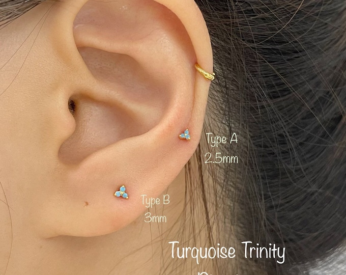 Turquoise Trinity CZ Piercing (Single), Turquoise Trinity Minimalist 925 Sterling Silver piercing, Mid Cartilage, Helix