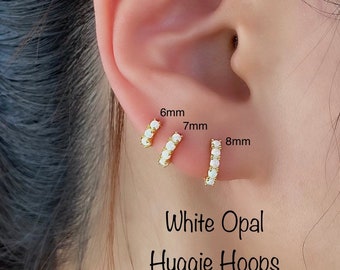 Genuine White Opal Huggie Hoops, 6mm 7mm 8mm 9mm 92.5 Sterling Silver Hoops, Genuine Opal hoop earrings