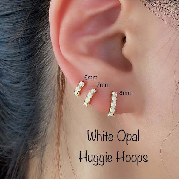Genuine White Opal Huggie Hoops, 6mm 7mm 8mm 9mm 92.5 Sterling Silver Hoops, Genuine Opal hoop earrings