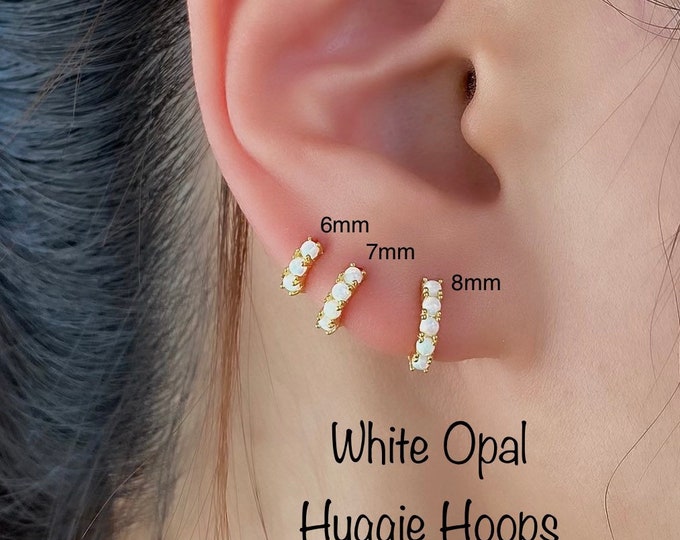 Genuine White Opal Huggie Hoops, 6mm 7mm 8mm 9mm 92.5 Sterling Silver Hoops, Genuine Opal hoop earrings