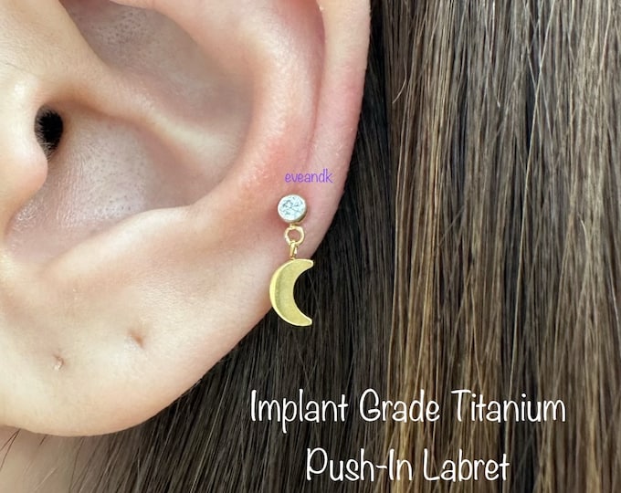 20g 18g 16g  Crescent Dangle Push In Threadless Titanium Labret, ASTM F-136 Implant Grade Titanium Nickel Free Hypoallergenic