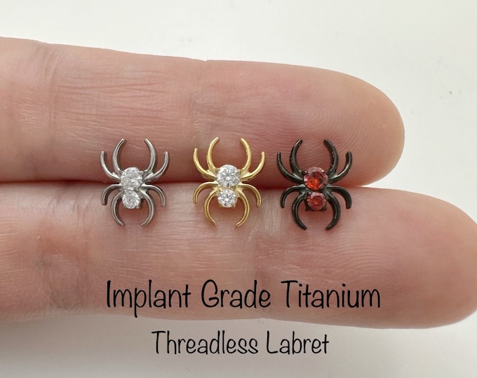 20g 18g 16g Spider CZ Push In Titanium Labret, Grade23 Implant Grade Titanium Nickel Free Hypoallergenic