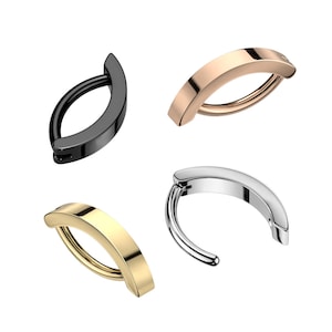 May include: Four different colored seamless hoop earrings. The hoops are made of metal and have a flat, curved design. The colors are black, gold, rose gold, and silver.