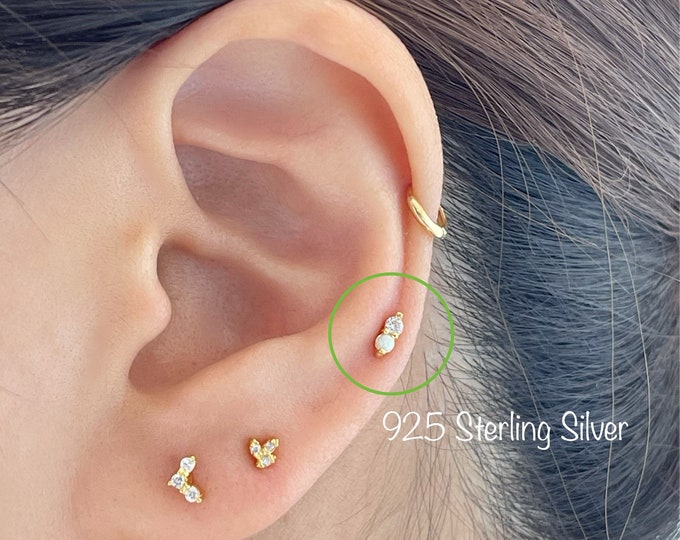 Dainty Opal and CZ Twin piercing (Single), Minimalist 925 Sterling Silver cartilage helix piercing