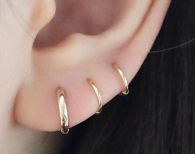 14k Solid Gold 6mm/7mm/8mm/9mm Tiny Thin Wire Hoop, 20g 14k Solid Gold Single Hoop for Tragus, Rook, Daith, Forward Helix