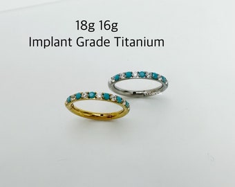 18g 16g Pave CZ and Turquoise Clicker Implant Grade Titanium, ASTM F136 Segment Hoop, Cartilage, Helix, Conch