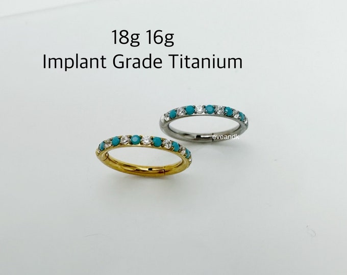 18g 16g Turquoise Hoop, Pave CZ and Turquoise Clicker Implant Grade Titanium, ASTM F136 Segment Hoop, Cartilage, Helix, Conch