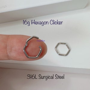 16g Hexagon Shape Cartilage Silver Hoop, 8mm/10mm Seamless Hinged Clicker, 316L Surgical steel Segment Ring, Helix Hoop