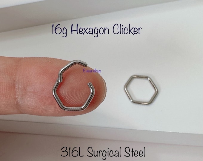 16g Hexagon Shape Cartilage Silver Hoop, 8mm/10mm Seamless Hinged Clicker, 316L Surgical steel Segment Ring, Helix Hoop