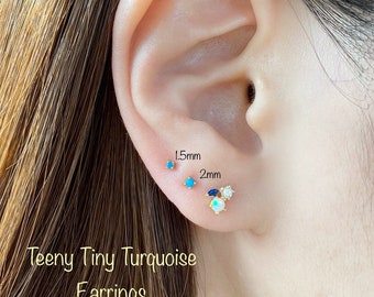 1.5mm 2mm Tiny TURQUOISE Stud Earrings (Pair), 92.5 Sterling Silver Earrings 1.5mm/2mm Minimalist Earrings