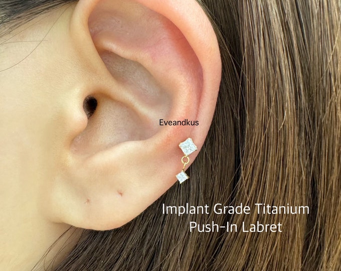 20g 18g 16g  Square CZ Dangle Push In Titanium Labret, ASTM F136 Implant Grade Titanium Nickel Free Hypoallergenic