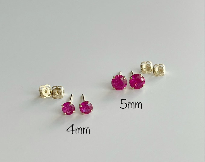 14K Solid Gold Ruby Stud Earrings(PAIR), 4mm/5mm - 14K Solid Gold Stud Earrings, July Birthstone Earrings