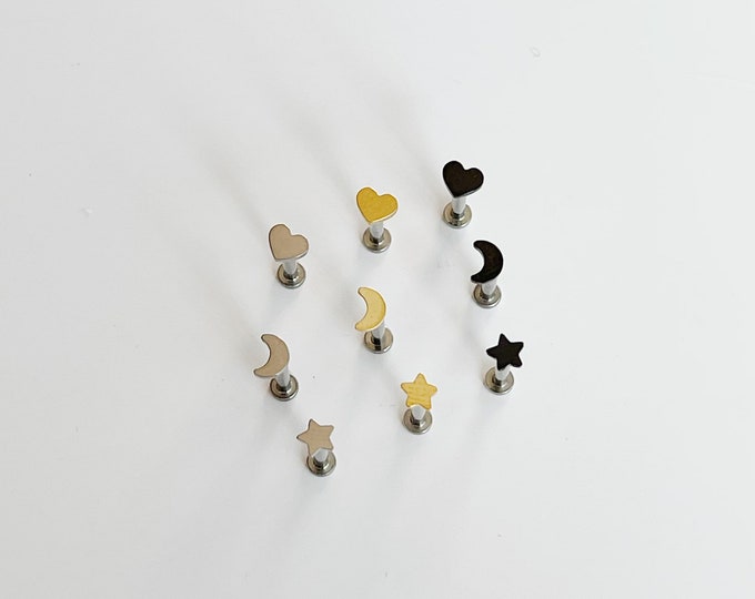 20g 18g 16g Tiny Star Crescent Heart Push In Prong Setting Titanium Labret, Tiny 2.5mm Star Crescent ASTM F-136 Implant Grade Titanium