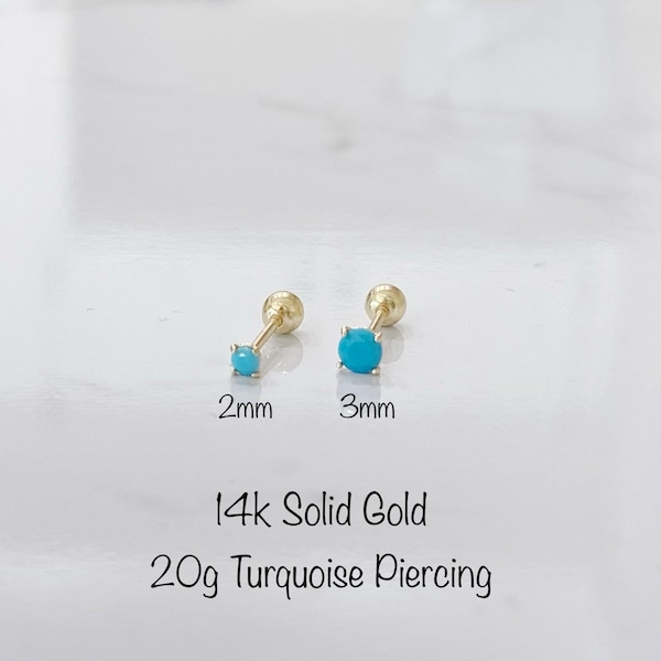 20g 14k Solid gold Turquoise Piercing (Single), 2mm/3mm Teeny Tiny Turquoise piercing. Minimalist Tragus, Cartilage, Helix, Conch