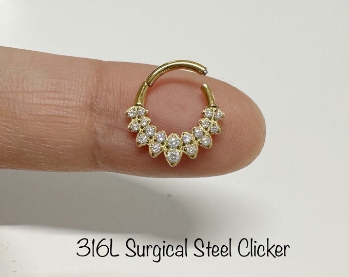 16g High Quality Precision All 316L Surgical Steel Hinged Segment Hoop Rings /Paved CZ Septum, Daith piercing