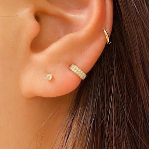 Double CZ Huggie Hoop Earring (Single or Pair), Inner Diameter 6mm/7mm/8mm 14k Gold PLT Sterling Silver Nickel Free