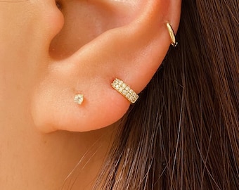 Double CZ Huggie Hoop Earring (Single or Pair), Inner Diameter 6mm/7mm/8mm 14k Gold PLT Sterling Silver Nickel Free
