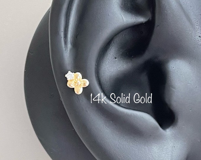 14k Solid Gold Flower with CZ Top Labret Piercing(Single), 14k Solid Gold Internally Threaded labret Tragus, Mid Cartilage, Helix, Conch
