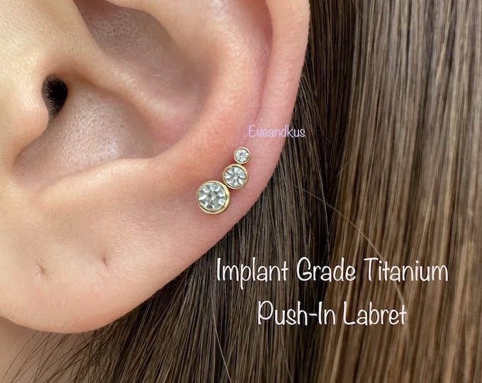 20g 18g 16g Bezel CZ Curved Implant Grade Titanium Push In Labret, Dainty Conch Helix Cartilage Tragus Labret
