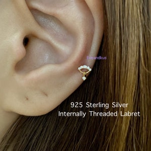 18g Dainty CZ Curved with tiny cz Dangle Internally Threaded Labret, 925 Sterling Silver Cartilage, Tragus, Helix piercing
