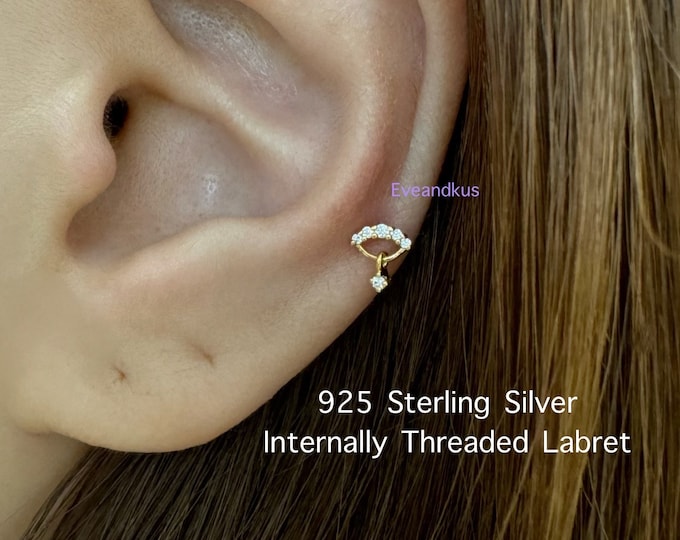18g Dainty CZ Curved with tiny cz Dangle Internally Threaded Labret, 925 Sterling Silver Cartilage, Tragus, Helix piercing