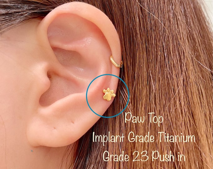 20g 18g 16g Paw Top Implant Grade Titanium Threadless Push In Labret ASTM F136, Cartilage, Monroe, Helix, Conch, Tragus