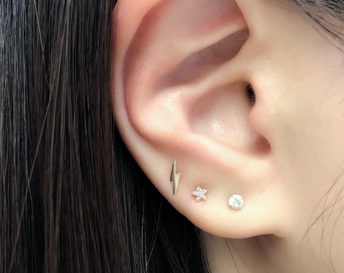 Tiny Lightning Bolt 14k Solid Gold Stud Earrings(Pair), Solid Gold Tiny Stud Earring, Minimalist Earring