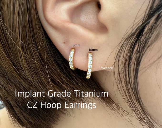 Titanium cz hoop earrings (PAIR), ASTM F-136 Titanium Hoop earrings - Nickel Free