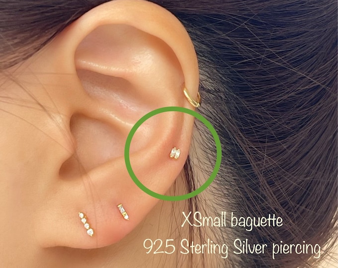 XSmall Baguette CZ piercing (Single), 925 Sterling Silver CZ baguette cartilage helix tragus conch piercing