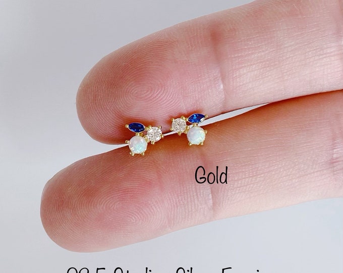 Opal Earrings, Mixed Stones Earrings, 925 Sterling Silver Stud Earrings - Nickel Free, Tiny mixed color earrings, Minimalist earrings